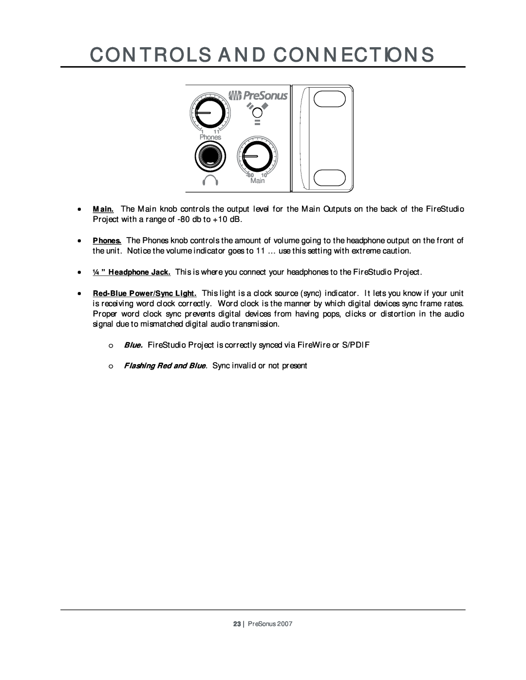 Presonus Audio electronic Microphone Preamplifier user manual Controls And Connections, Phones, Main, PreSonus 