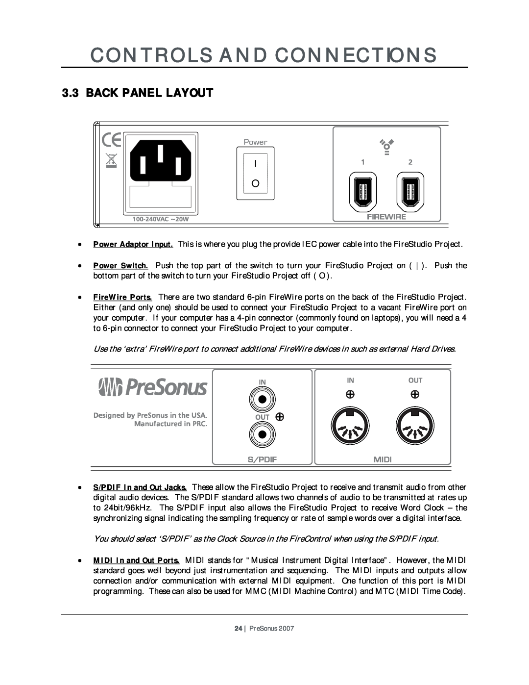 Presonus Audio electronic Microphone Preamplifier user manual Back Panel Layout, Controls And Connections, PreSonus 