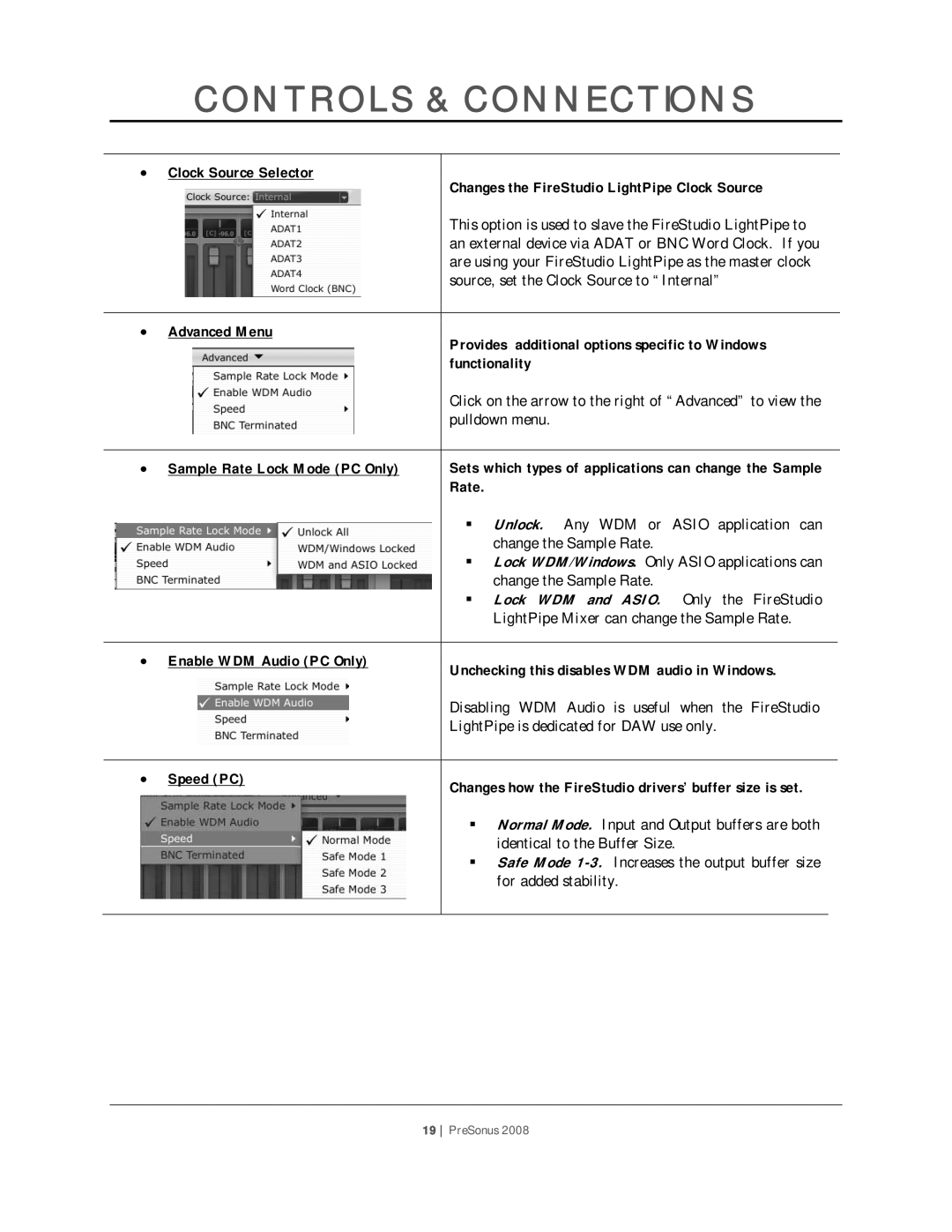 Presonus Audio electronic PreSonus 2008 user manual Sample Rate Lock Mode PC Only, Speed PC 