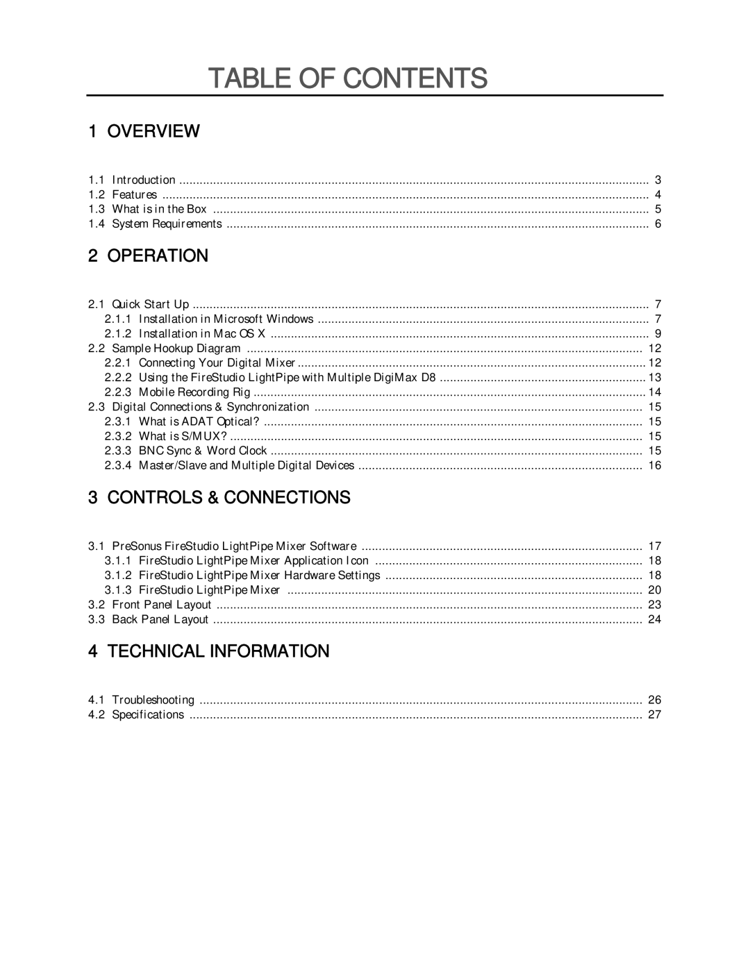 Presonus Audio electronic PreSonus 2008 user manual Table of Contents 