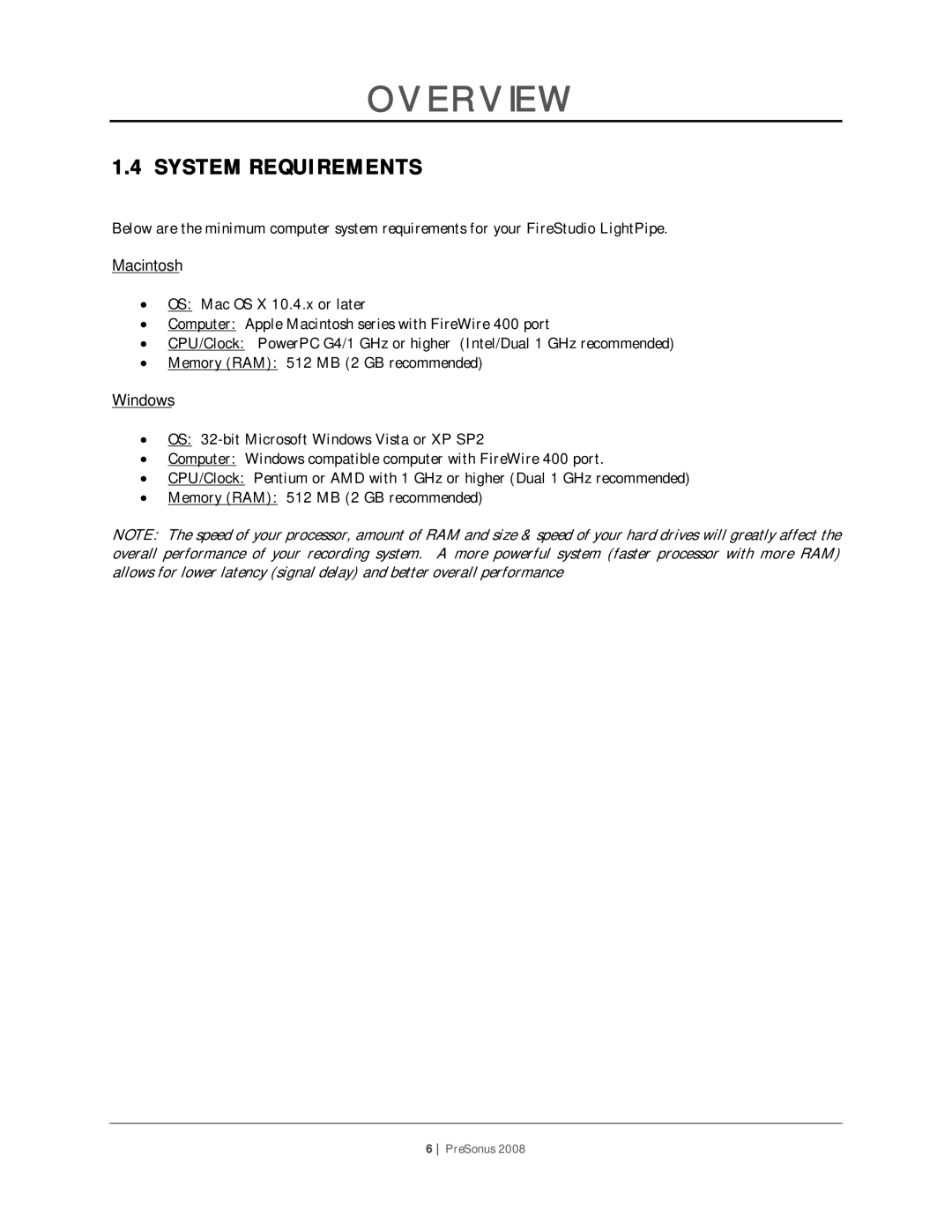 Presonus Audio electronic PreSonus 2008 user manual System Requirements, Macintosh, Windows 