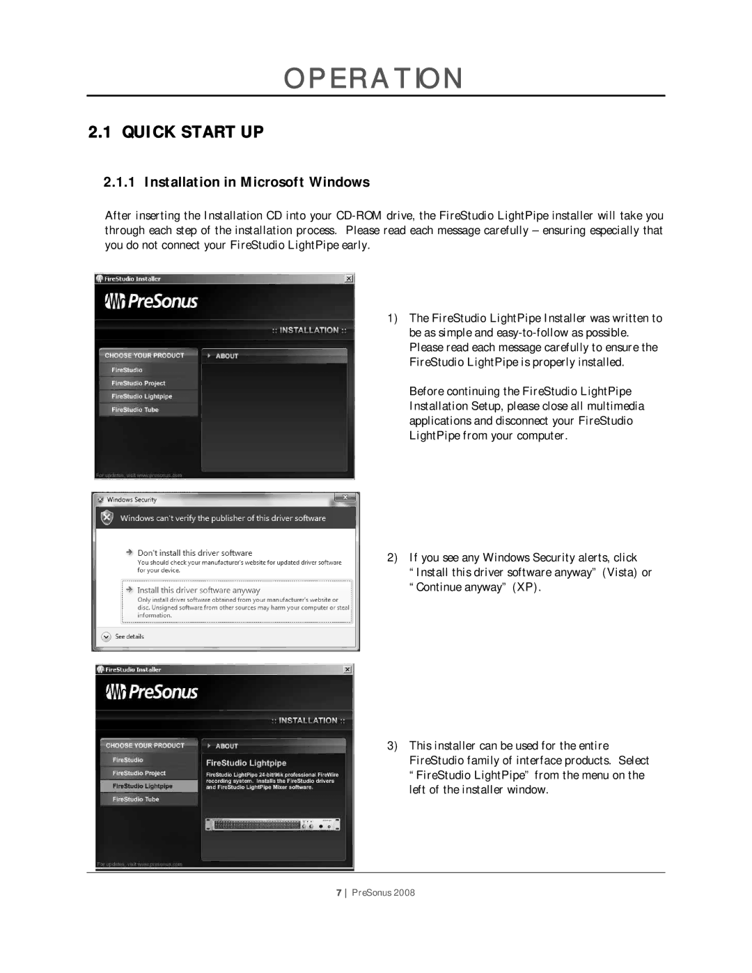 Presonus Audio electronic PreSonus 2008 user manual Operation, Quick Start UP, Installation in Microsoft Windows 