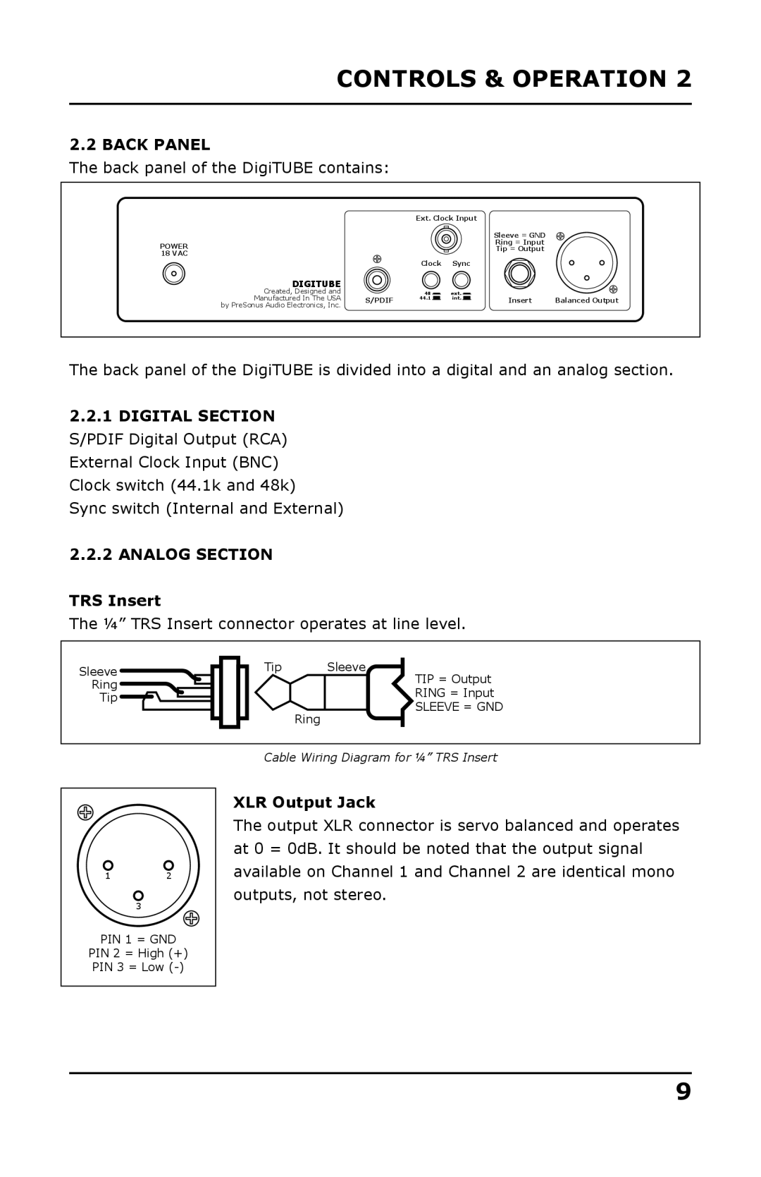 Presonus Audio electronic Single-Channel Tube user manual Back Panel, Analog Section, TRS Insert, XLR Output Jack 