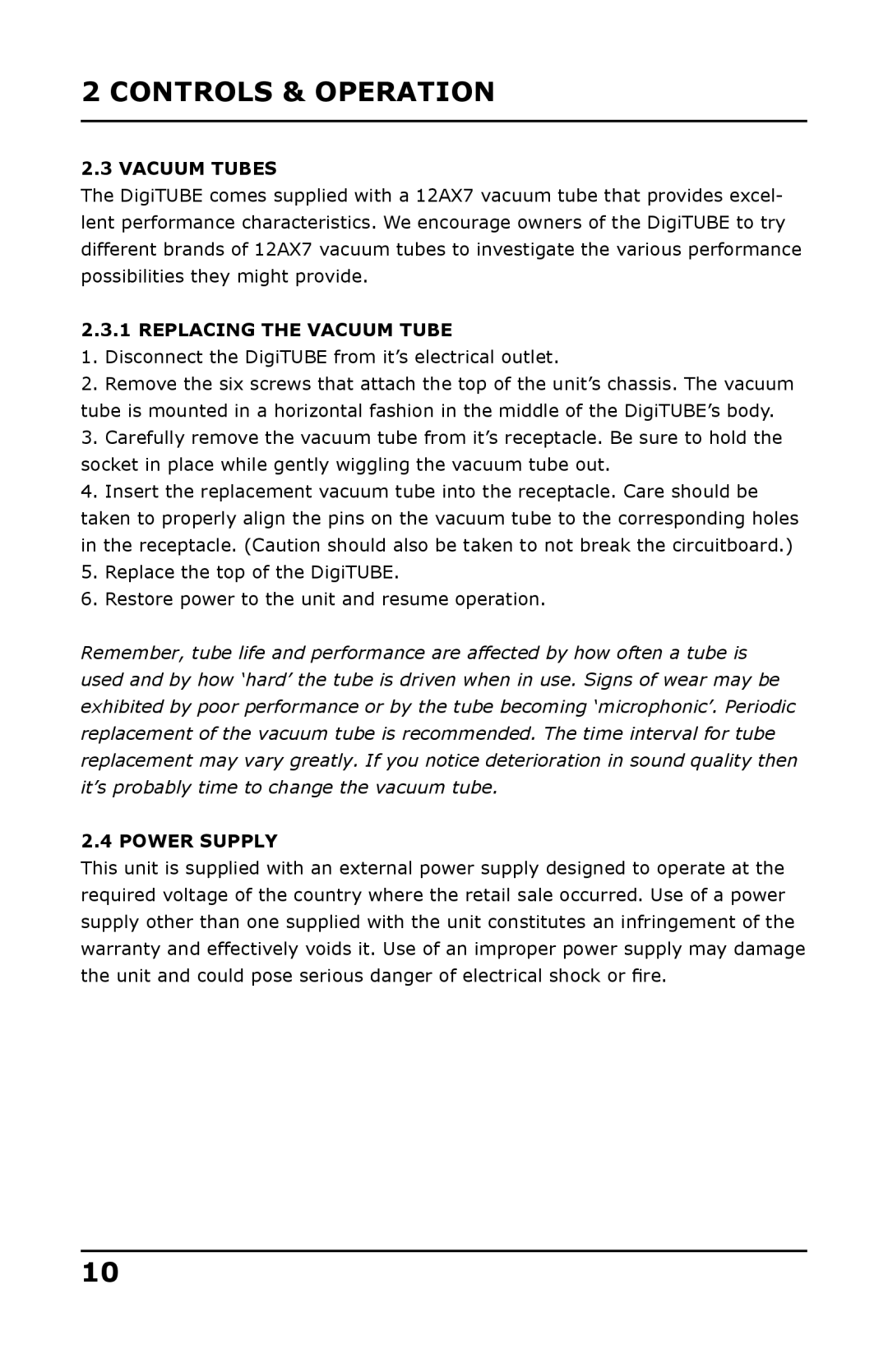 Presonus Audio electronic Single-Channel Tube user manual Vacuum Tubes, Replacing the Vacuum Tube, Power Supply 