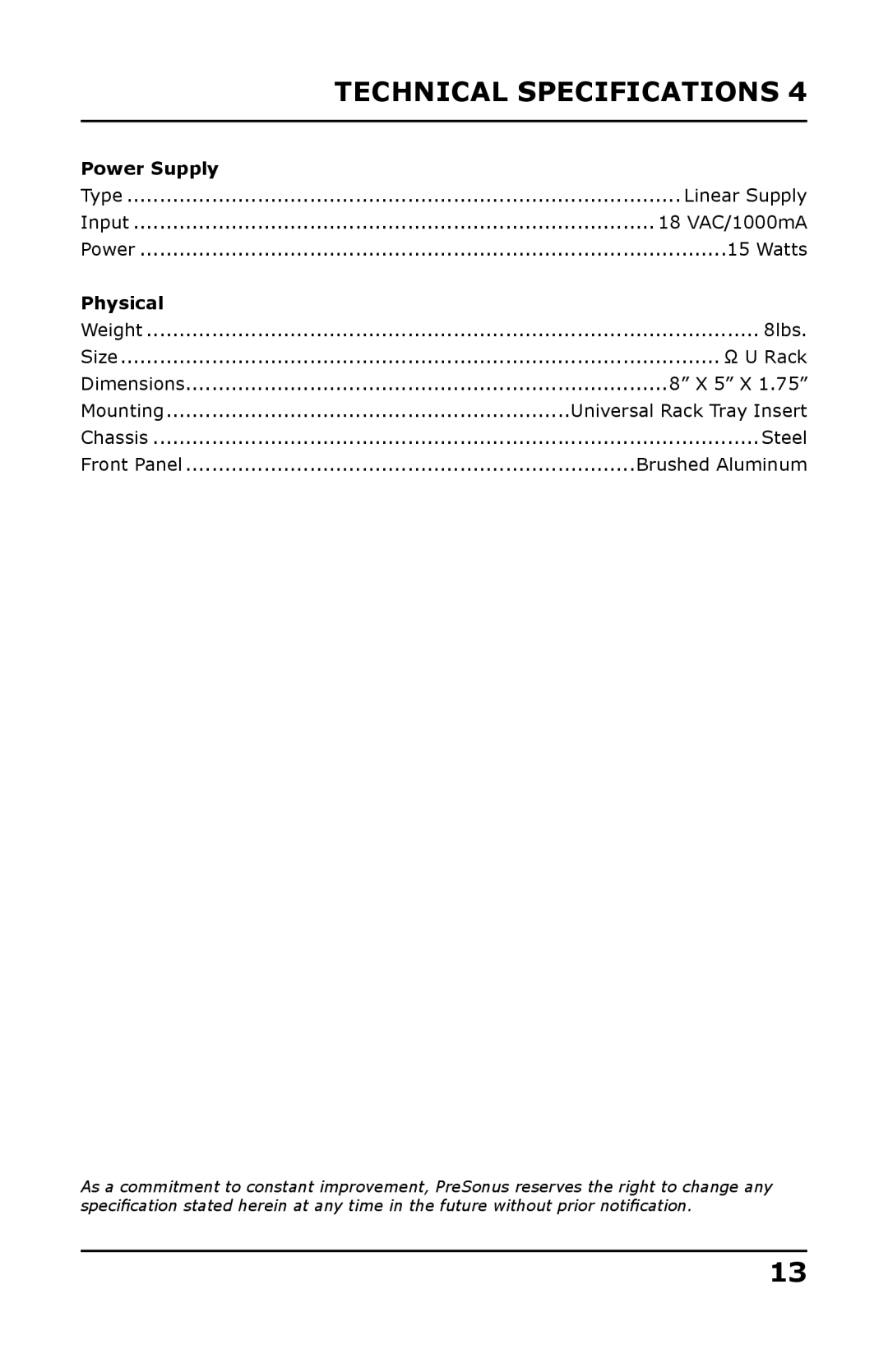 Presonus Audio electronic Single-Channel Tube user manual Power Supply, Physical 