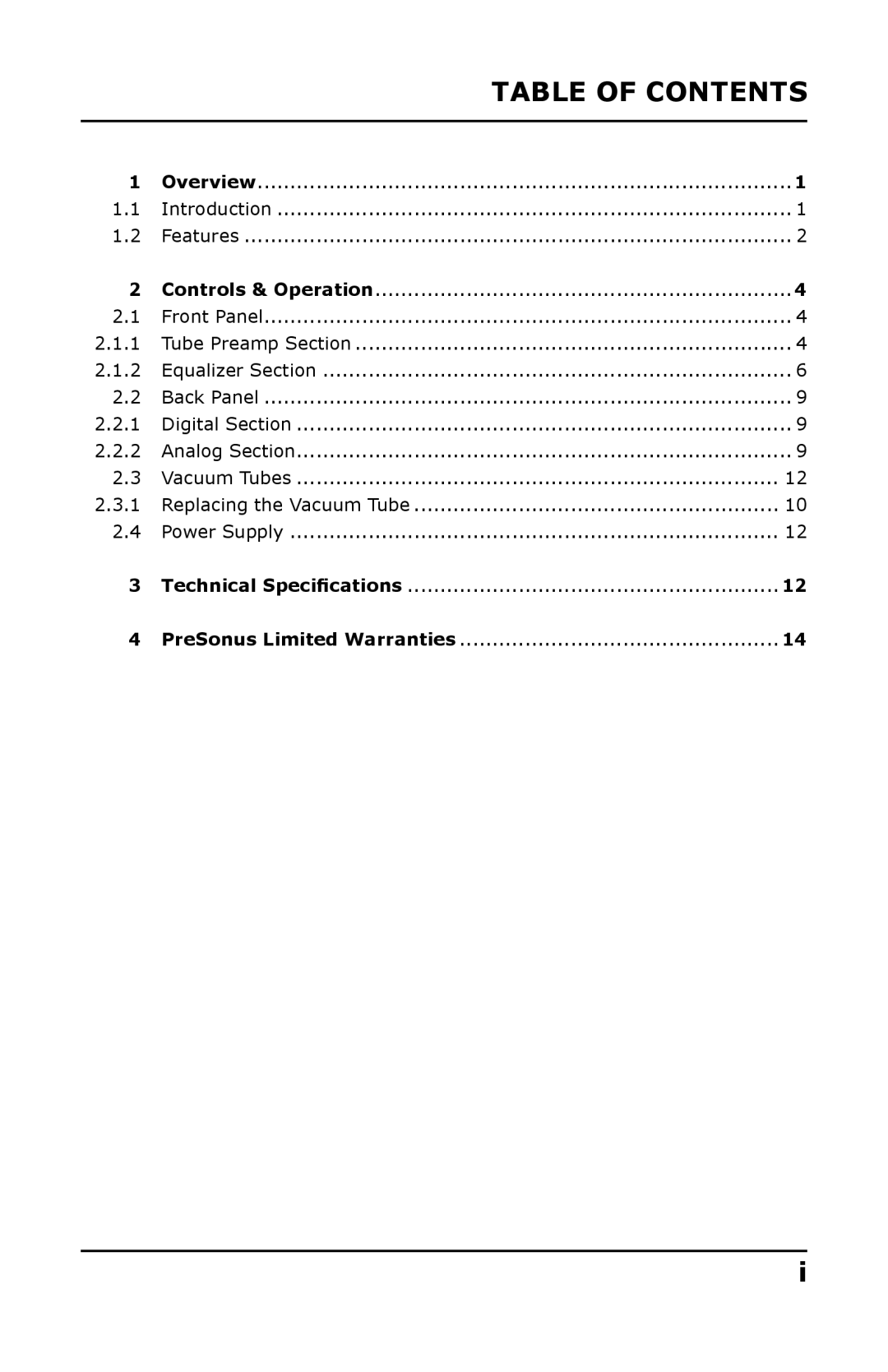 Presonus Audio electronic Single-Channel Tube user manual Table Of Contents, Overview, Vacuum Tubes, Power Supply 