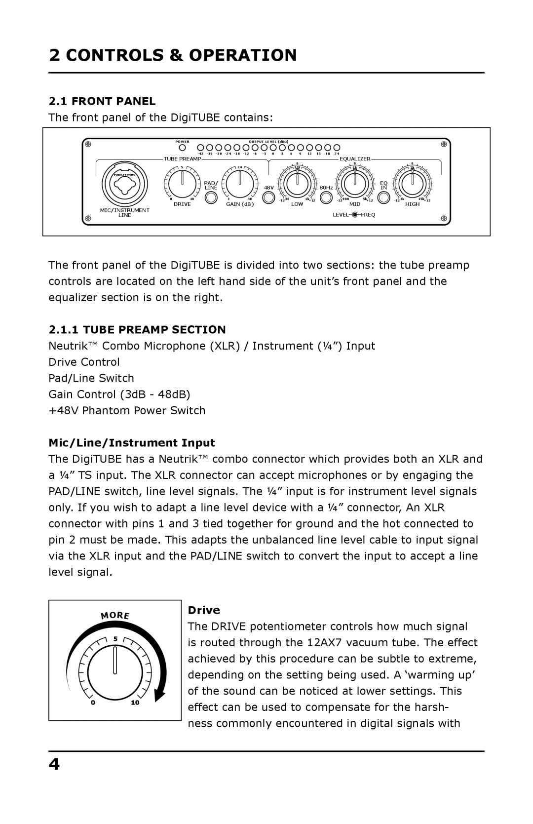 Presonus Audio electronic Single-Channel Tube user manual Controls & Operation, Front Panel, Tube Preamp Section, Drive 