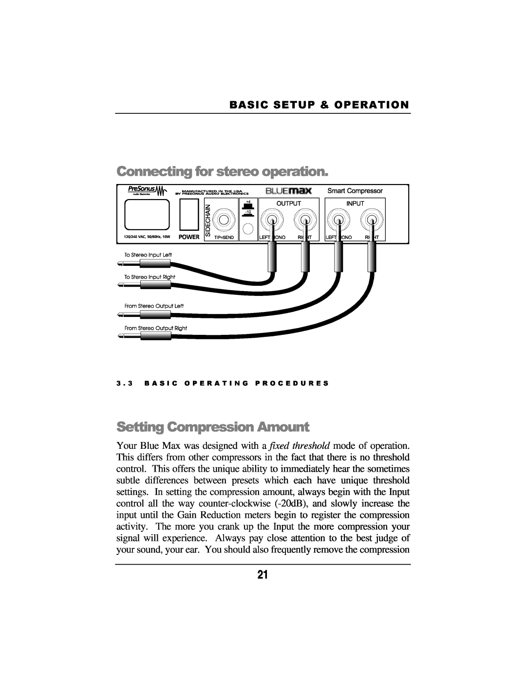 Presonus Audio electronic Smart Compressor manual 3.3BASICOPERATINGPROCEDURES, Basicsetup&Operation 