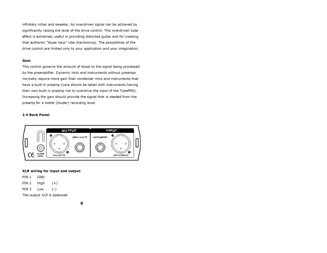 Presonus Audio electronic TubePre user manual Gain, Back Panel XLR wiring for input and output 