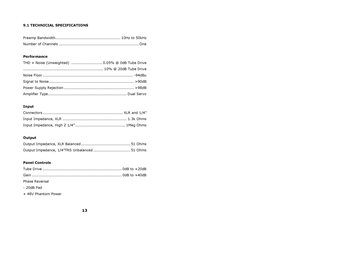 Presonus Audio electronic TubePre user manual Technicial Specifications, Performance, Input, Output, Panel Controls 