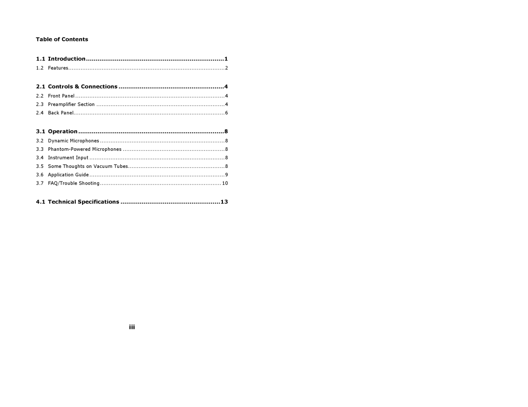 Presonus Audio electronic TubePre user manual Iii, Table of Contents 