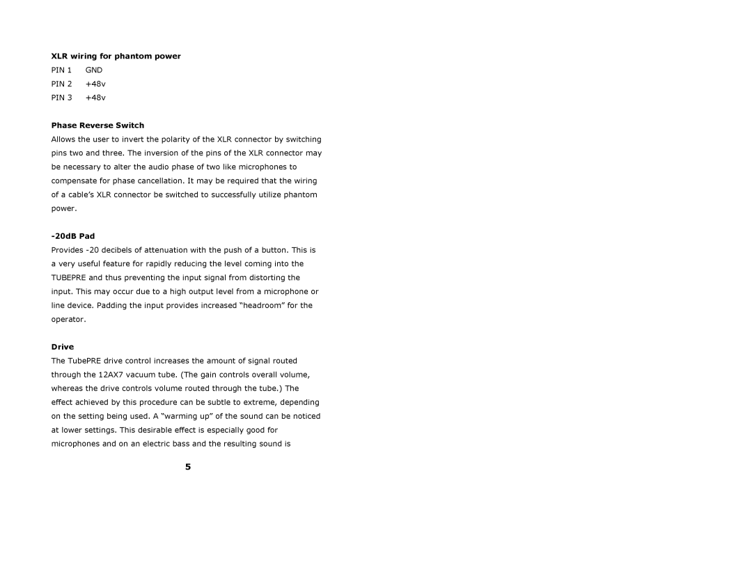 Presonus Audio electronic TubePre user manual XLR wiring for phantom power, Phase Reverse Switch 