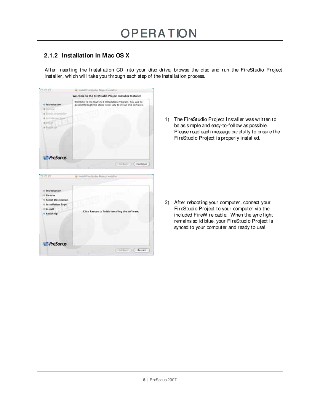 Presonus Audio electronic Version 1.0 user manual Installation in Mac OS 