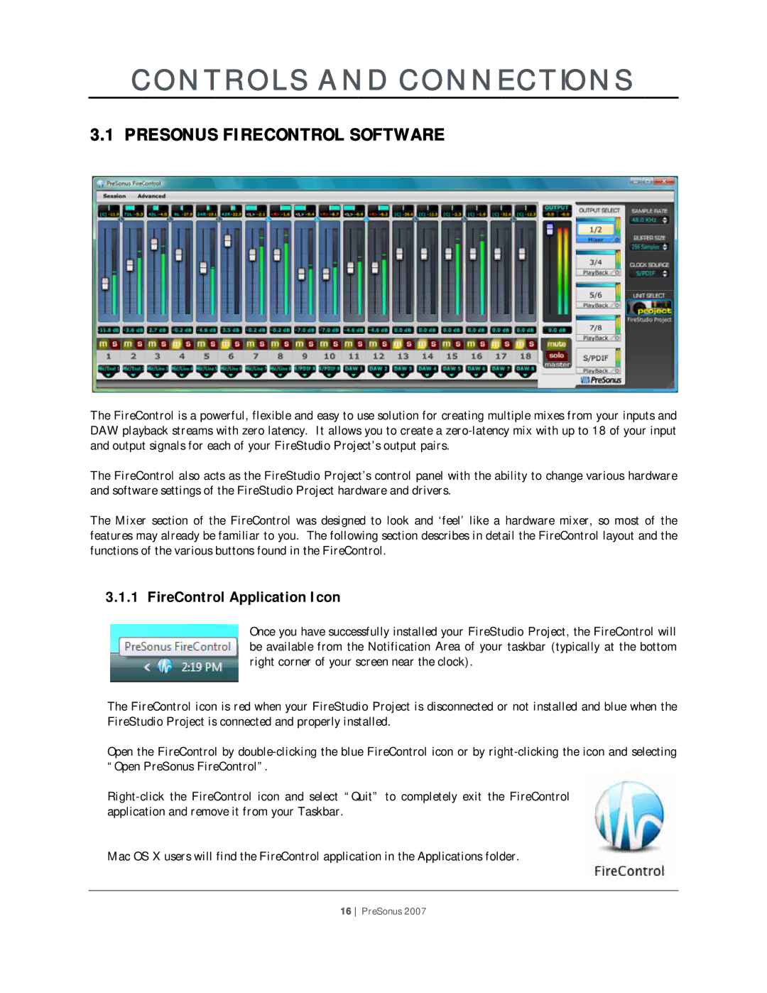 Presonus Audio electronic Version 1.0 user manual Controls and Connections, Presonus Firecontrol Software 