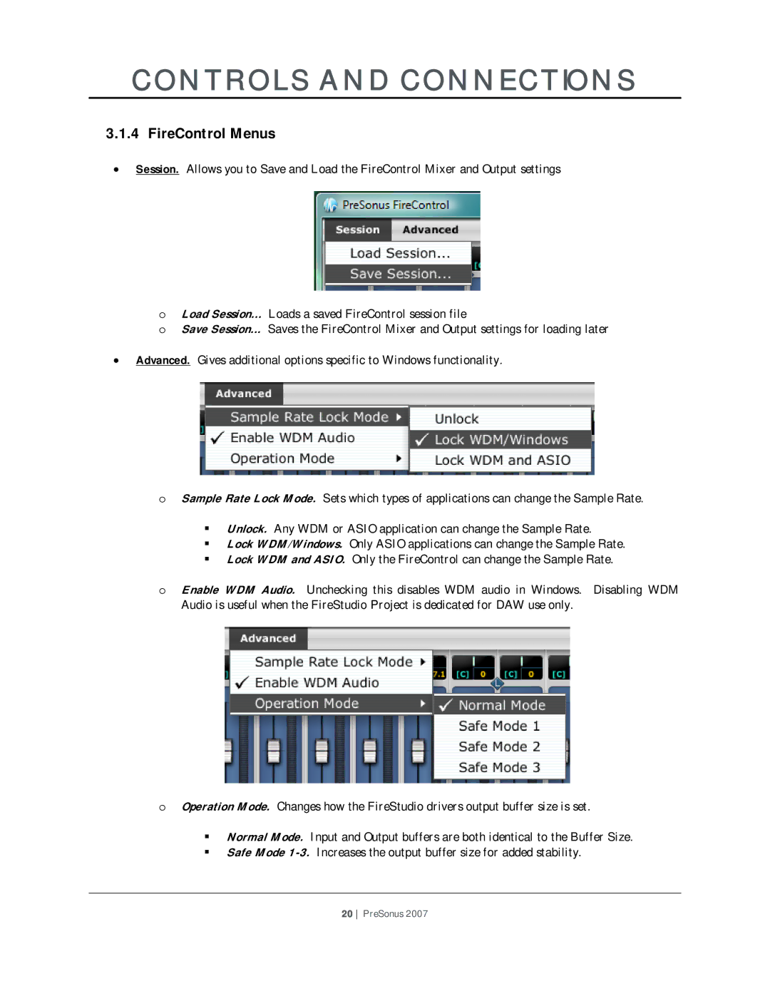 Presonus Audio electronic Version 1.0 user manual FireControl Menus 