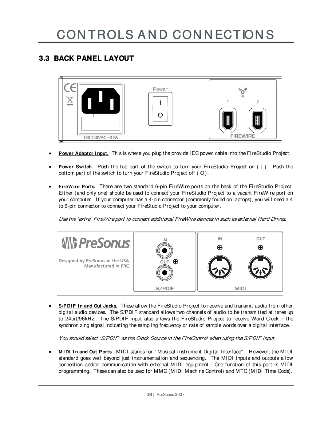 Presonus Audio electronic Version 1.0 user manual Back Panel Layout 