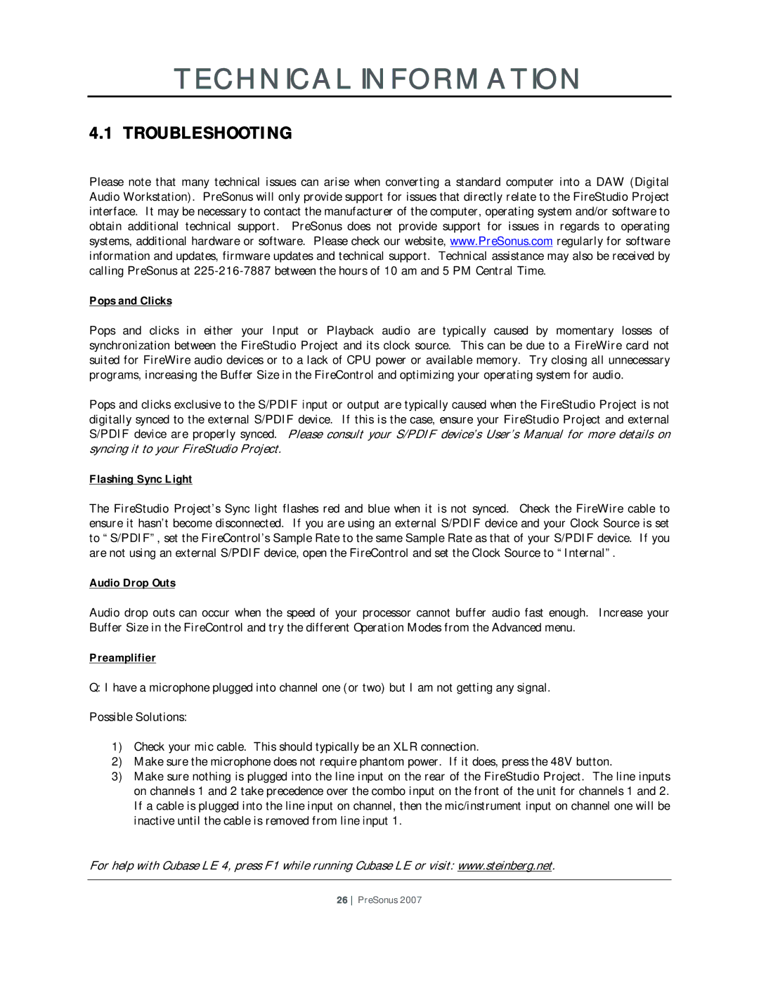 Presonus Audio electronic Version 1.0 user manual Technical Information, Troubleshooting 