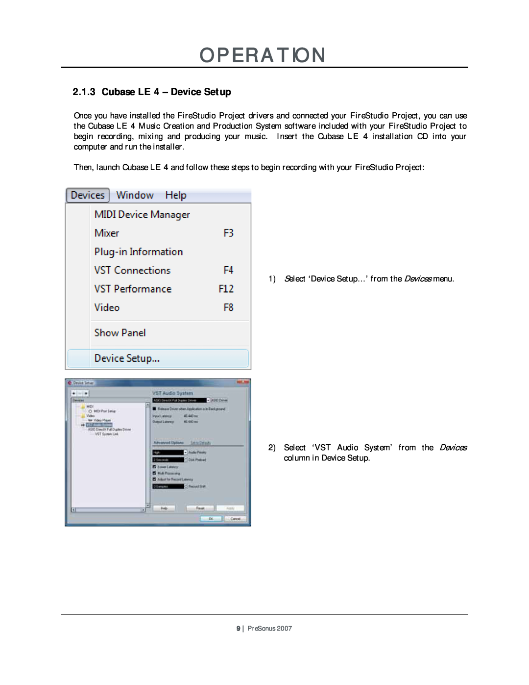 Presonus Audio electronic Version 1.0 user manual Cubase LE 4 - Device Setup, Operation 