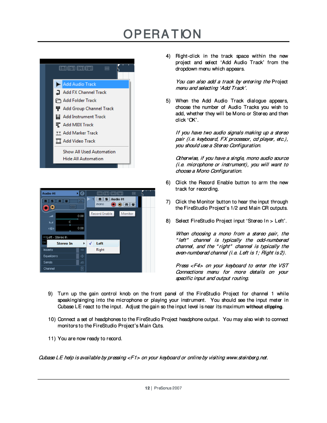 Presonus Audio electronic Version 1.0 user manual Operation, 11You are now ready to record 