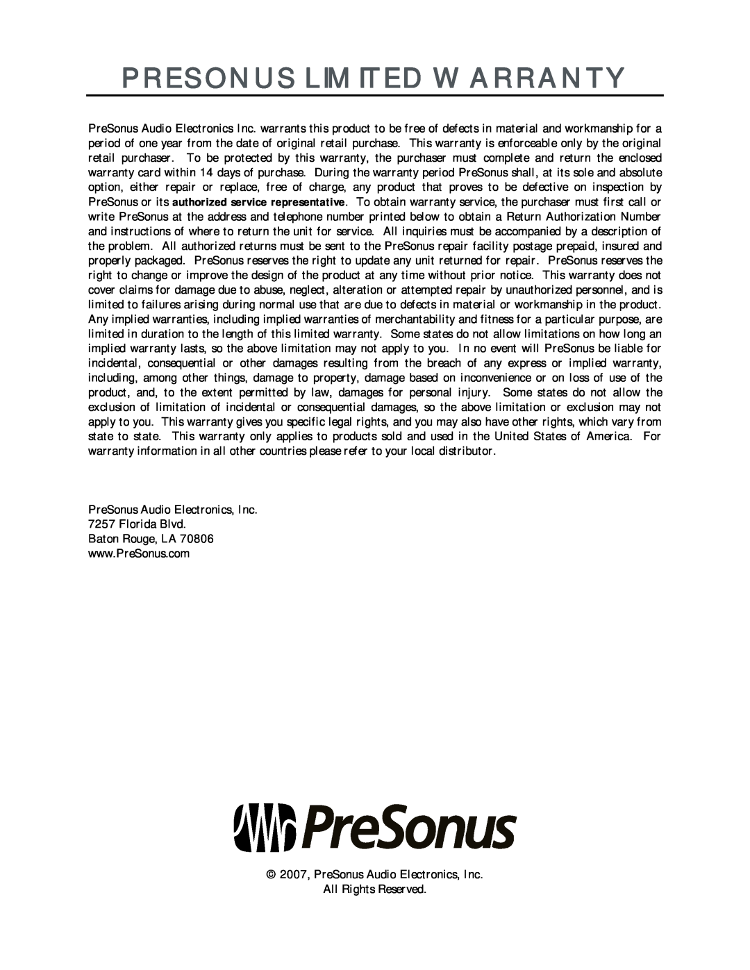 Presonus Audio electronic Version 1.0 user manual Presonus Limited Warranty, 2007, PreSonus Audio Electronics, Inc 