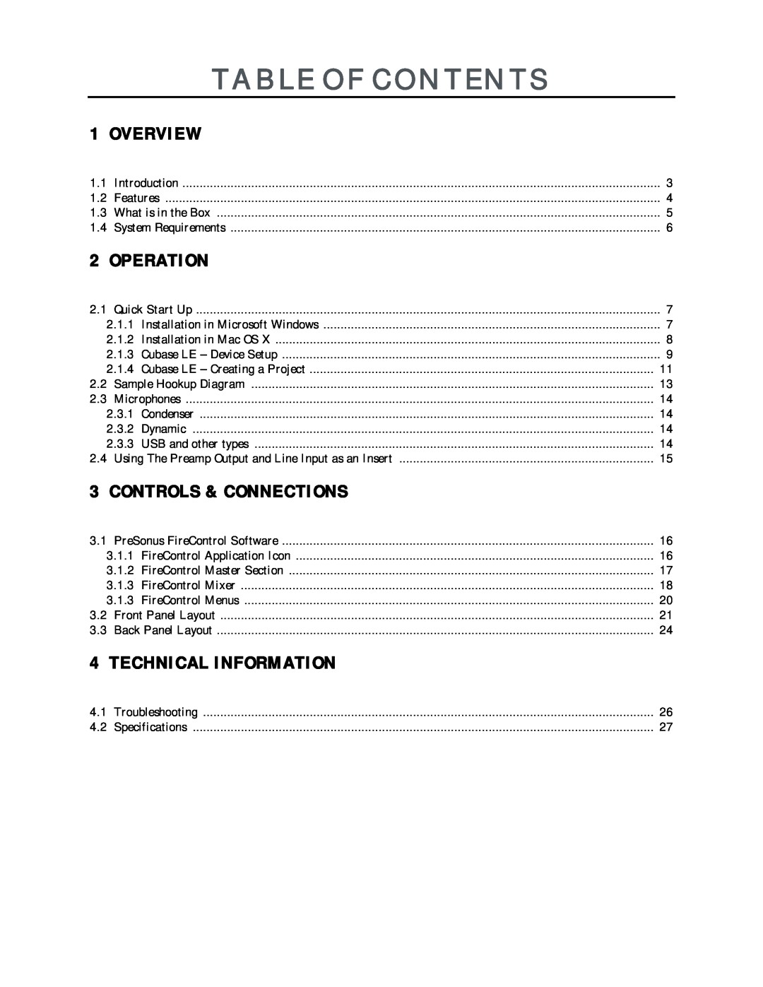 Presonus Audio electronic Version 1.0 user manual Table Of Contents, Overview, Operation, Controls & Connections 