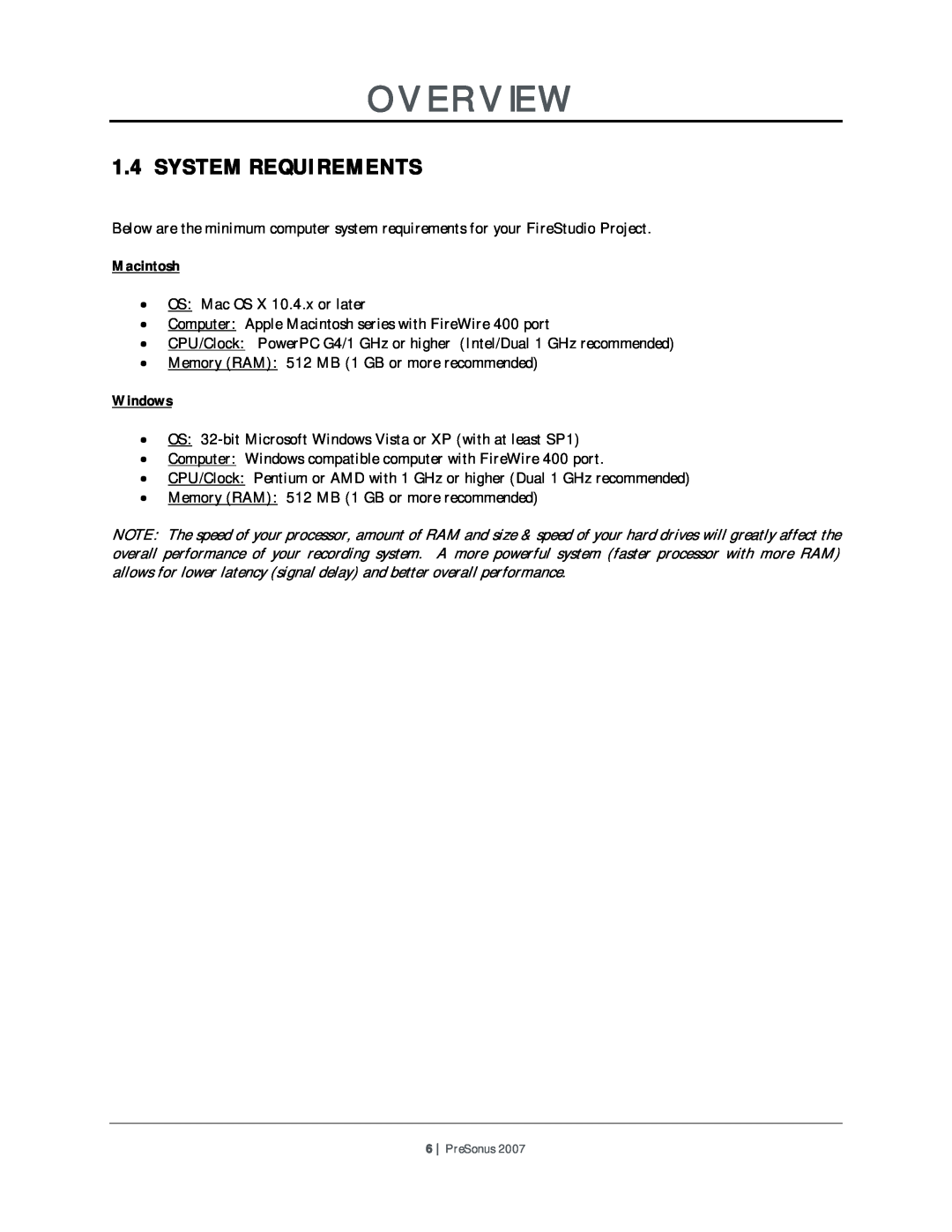 Presonus Audio electronic Version 1.0 user manual System Requirements, Macintosh, Windows, Overview 