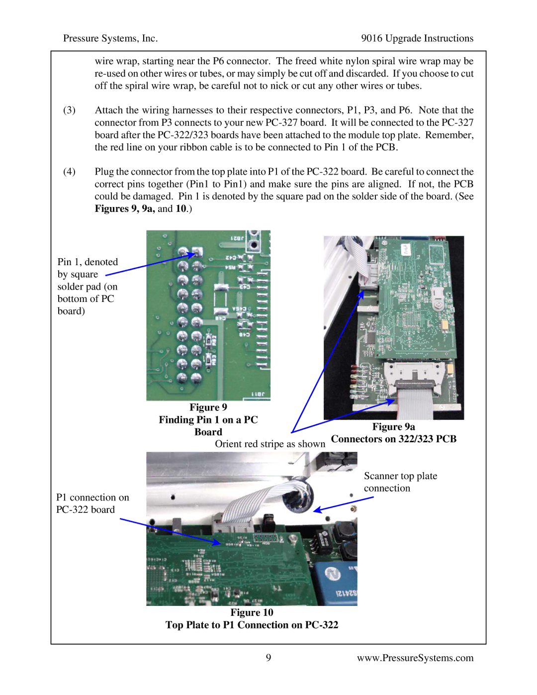 Pressure Systems 9016 manual Finding Pin 1 on a PC BoardFigure 9a, Top Plate to P1 Connection on PC-322 