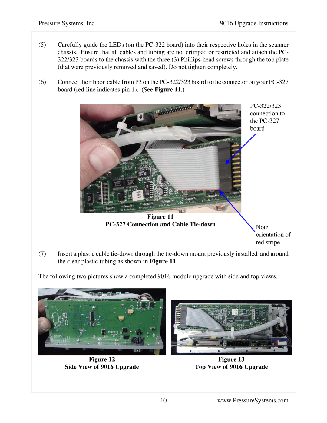 Pressure Systems manual PC-327 Connection and Cable Tie-downNote, Side View of 9016 Upgrade Top View of 9016 Upgrade 