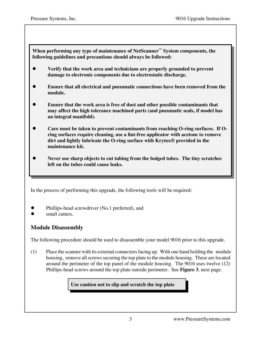 Pressure Systems 9016 manual Module Disassembly, Use caution not to slip and scratch the top plate 