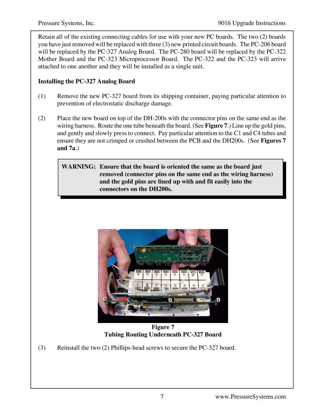 Pressure Systems 9016 manual Installing the PC-327 Analog Board, Tubing Routing Underneath PC-327 Board 