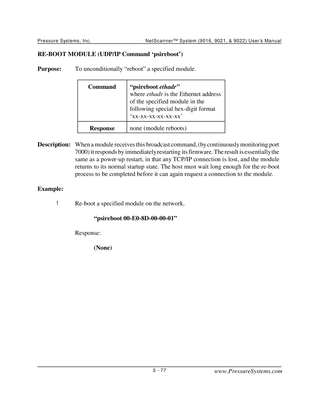 Pressure Systems 9022 RE-BOOT Module UDP/IP Command ‘psireboot’, Command Psireboot ethadr, Psireboot 00-E0-8D-00-00-01 