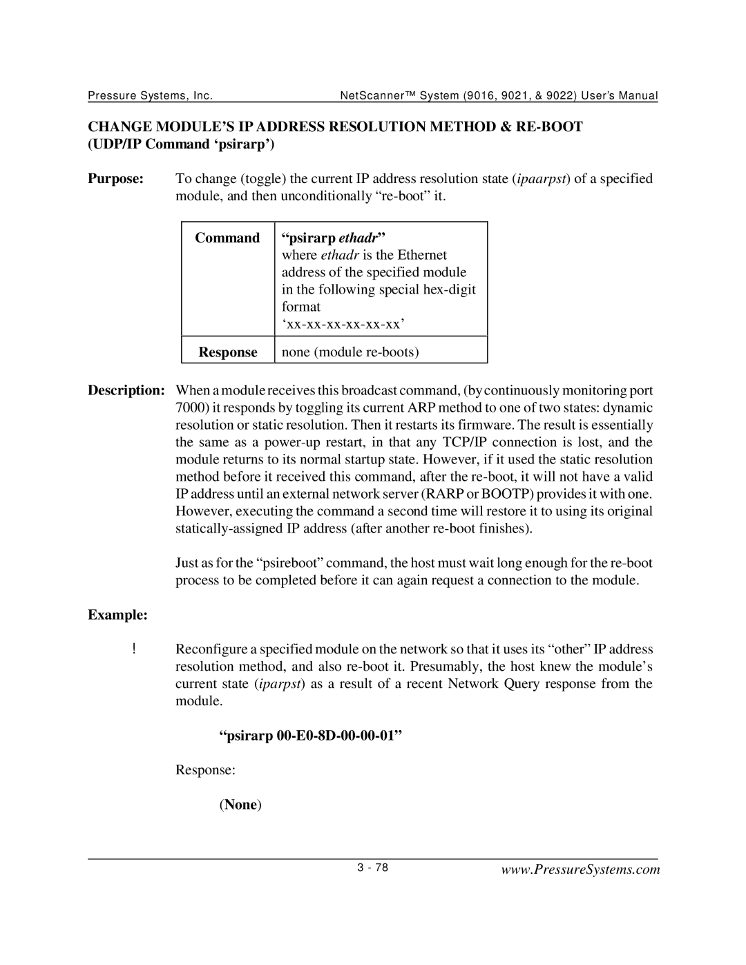 Pressure Systems 9022 user manual Command psirarp ethadr, Psirarp 00-E0-8D-00-00-01 