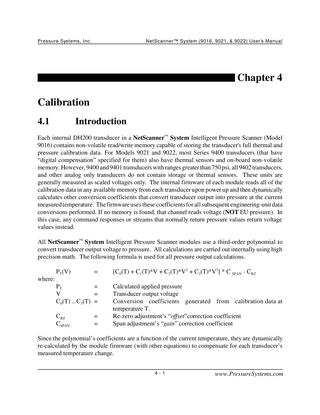 Pressure Systems 9022 user manual Chapter Calibration, Introduction 