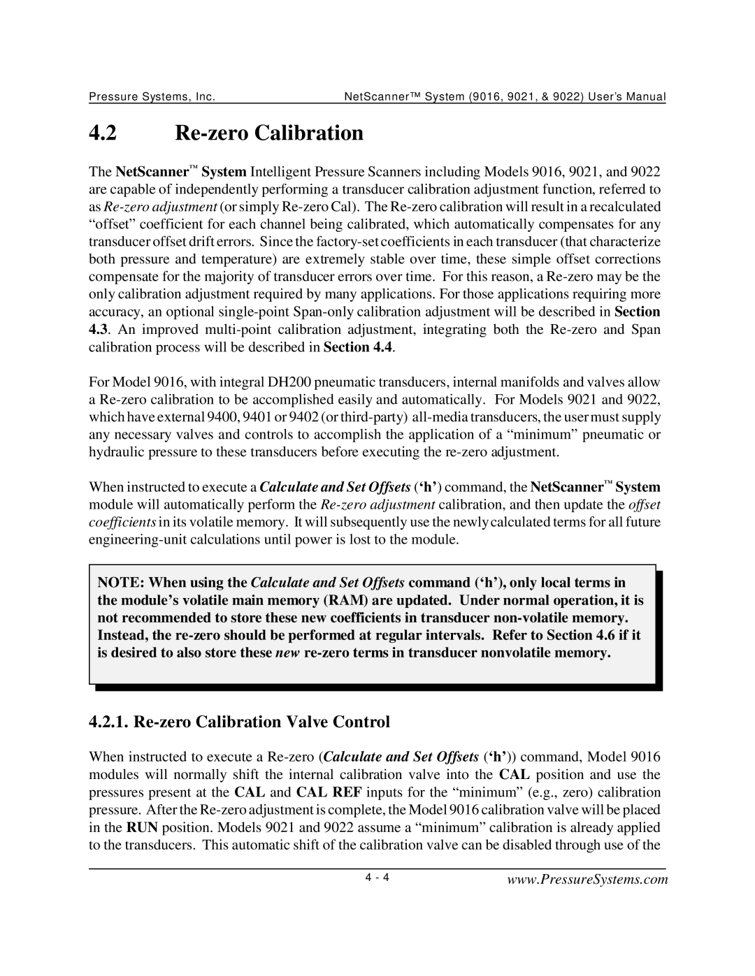 Pressure Systems 9022 user manual Re-zero Calibration Valve Control 