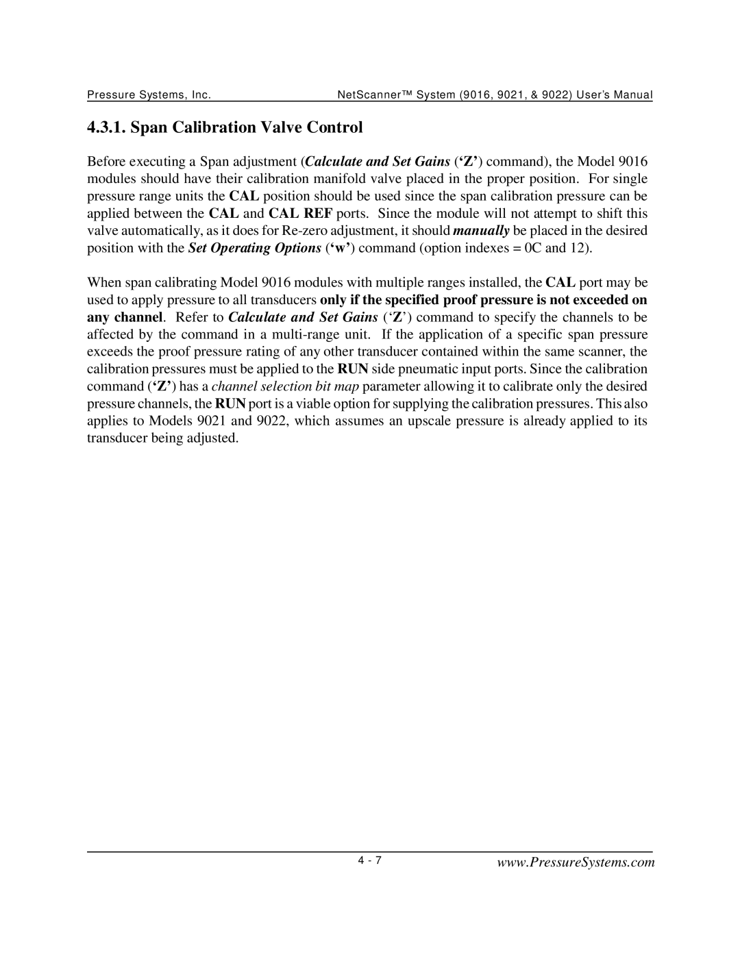 Pressure Systems 9022 user manual Span Calibration Valve Control 