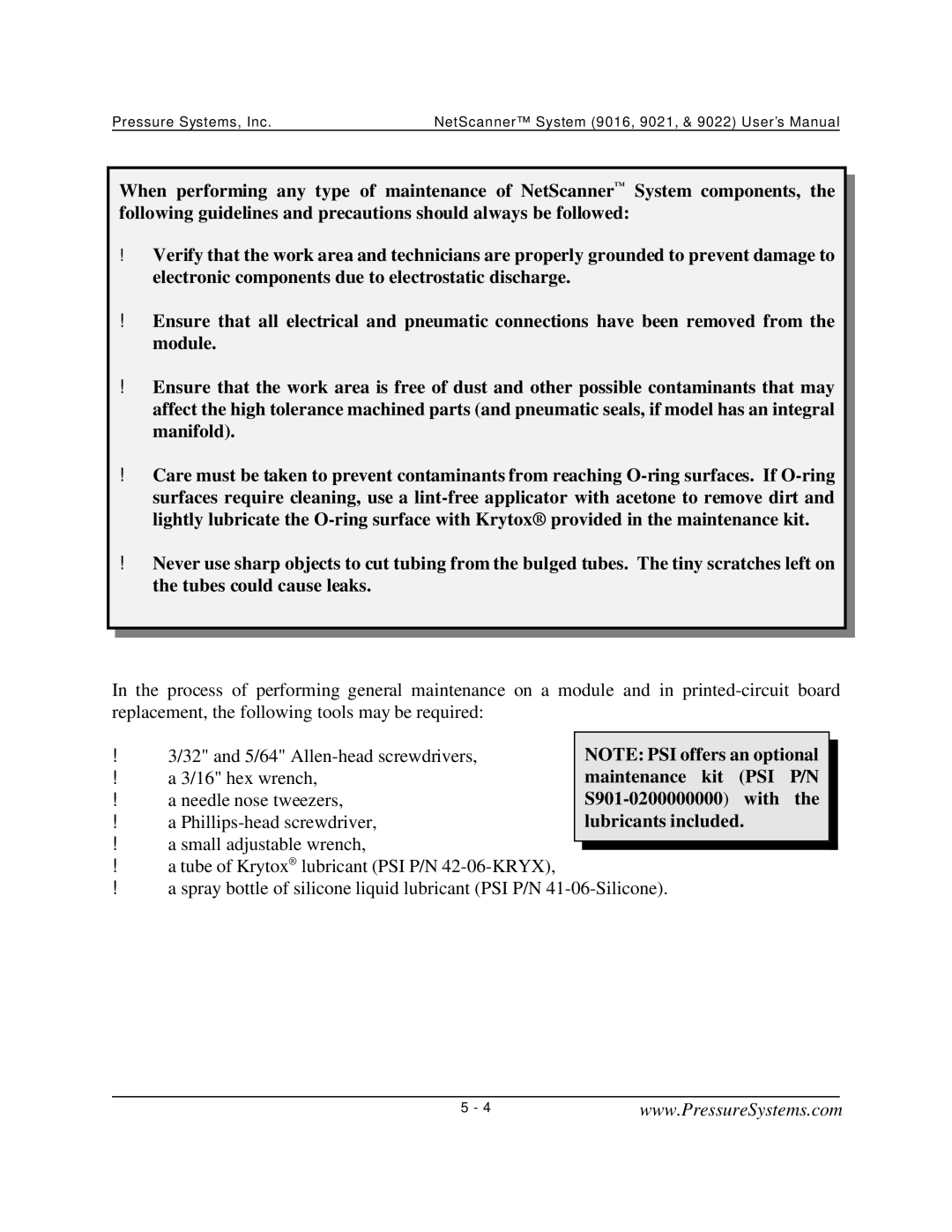 Pressure Systems 9022 user manual Maintenance kit PSI P/N, S901-0200000000with, Lubricants included 