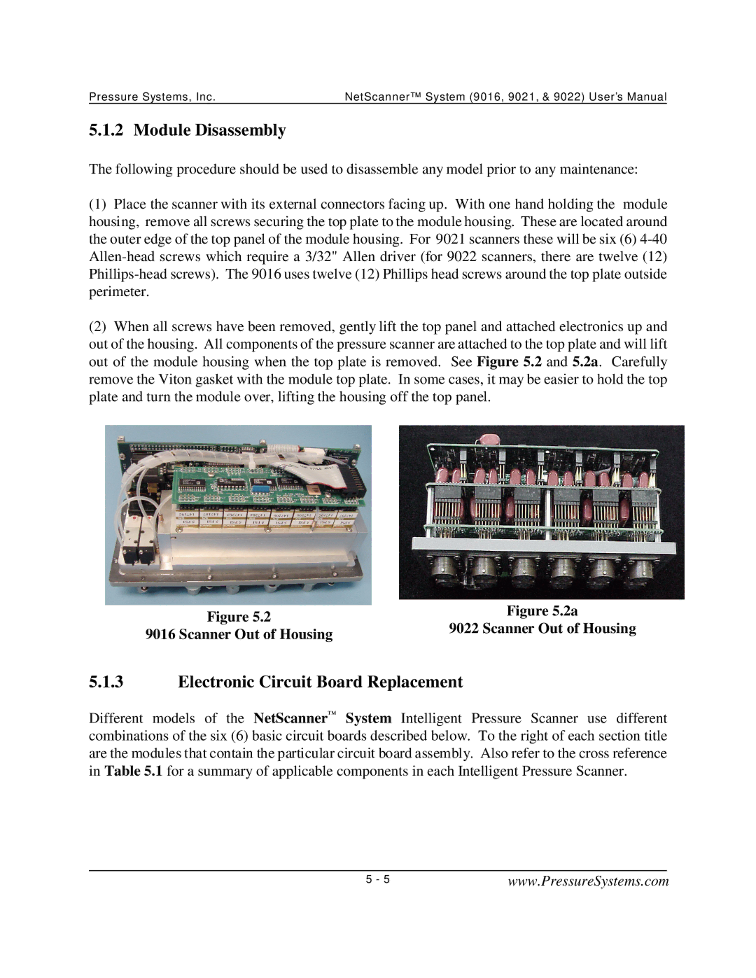 Pressure Systems 9022 user manual Module Disassembly, Electronic Circuit Board Replacement, Scanner Out of Housing 