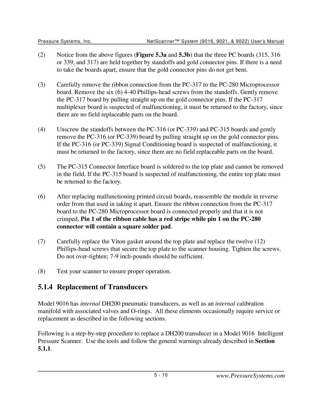 Pressure Systems 9022 user manual Replacement of Transducers 