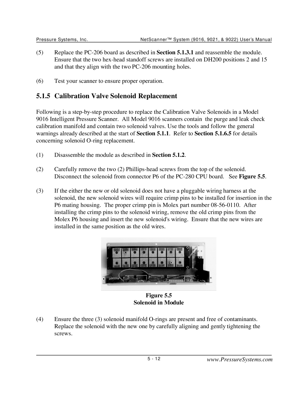 Pressure Systems 9022 user manual Calibration Valve Solenoid Replacement, Solenoid in Module 