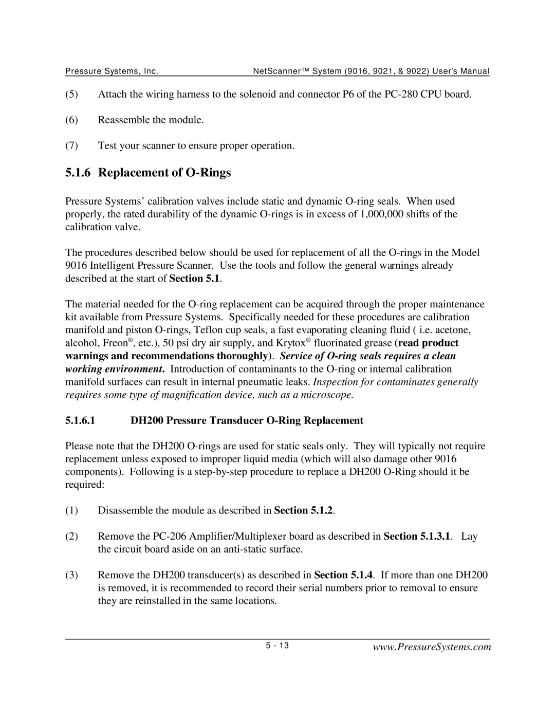 Pressure Systems 9022 user manual Replacement of O-Rings, 6.1 DH200 Pressure Transducer O-Ring Replacement 