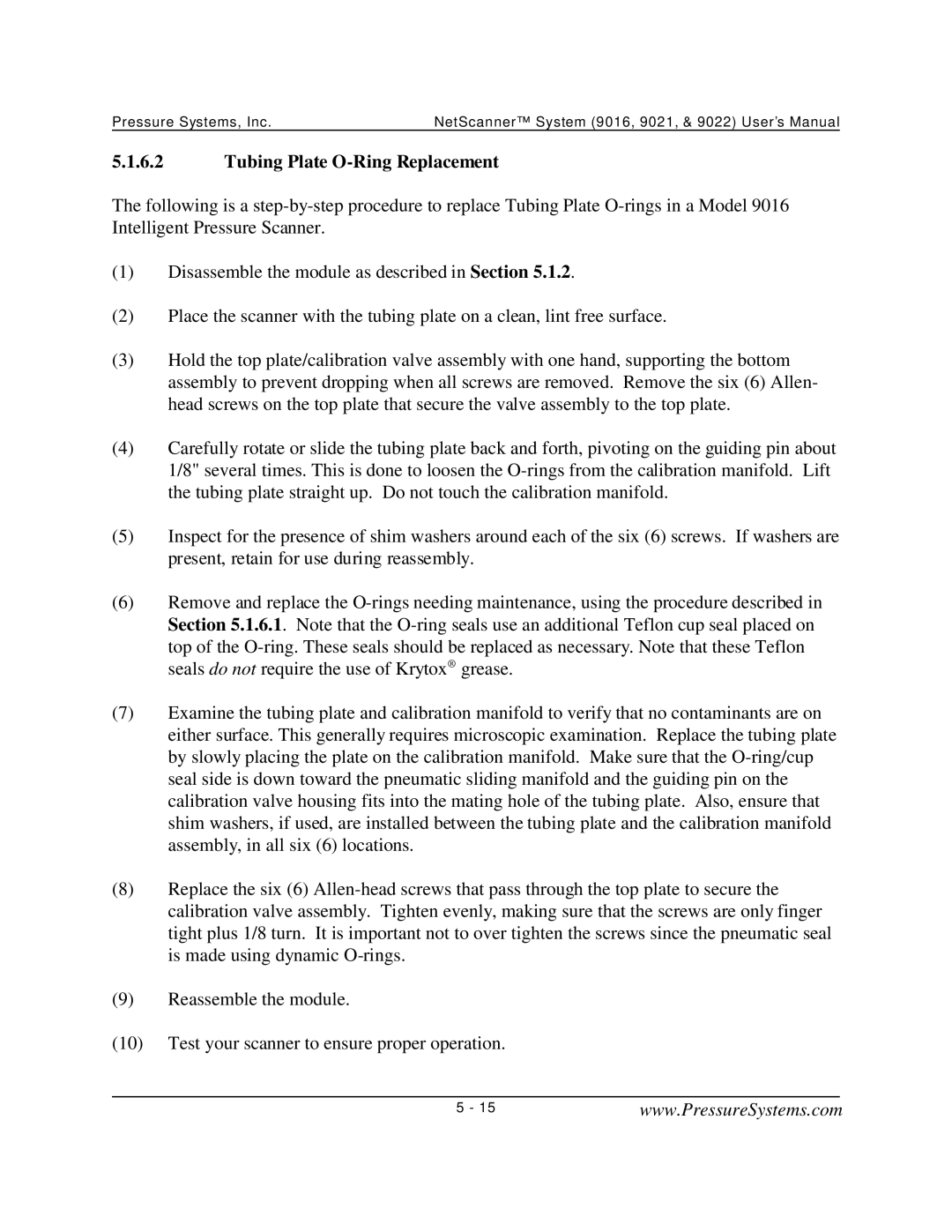 Pressure Systems 9022 user manual Tubing Plate O-Ring Replacement 