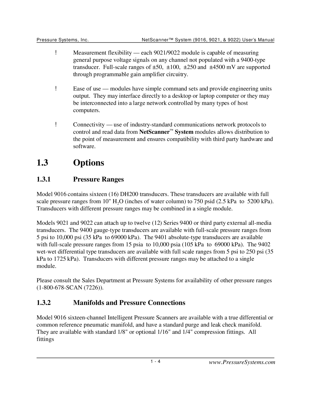 Pressure Systems 9022 user manual Options, Pressure Ranges, Manifolds and Pressure Connections 