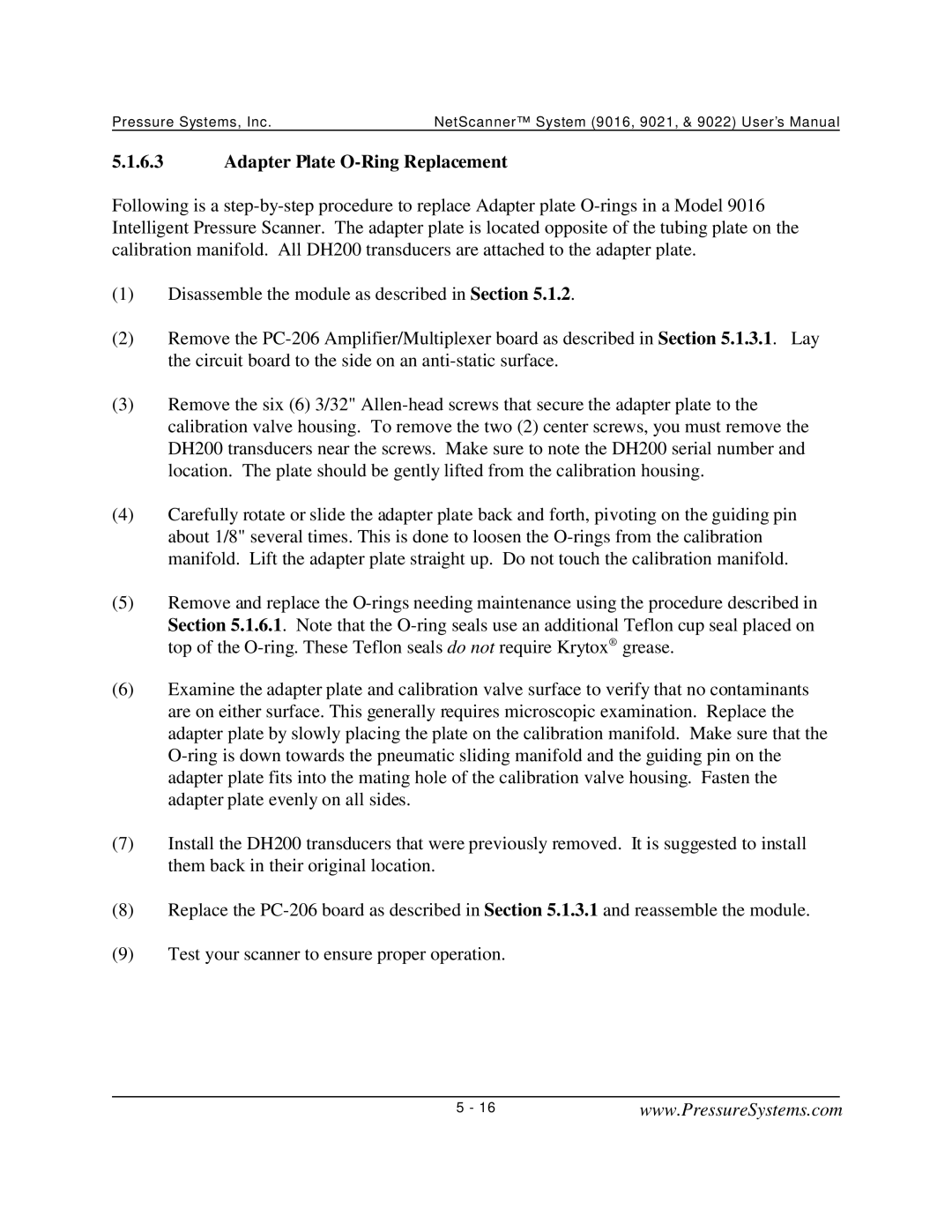 Pressure Systems 9022 user manual Adapter Plate O-Ring Replacement 