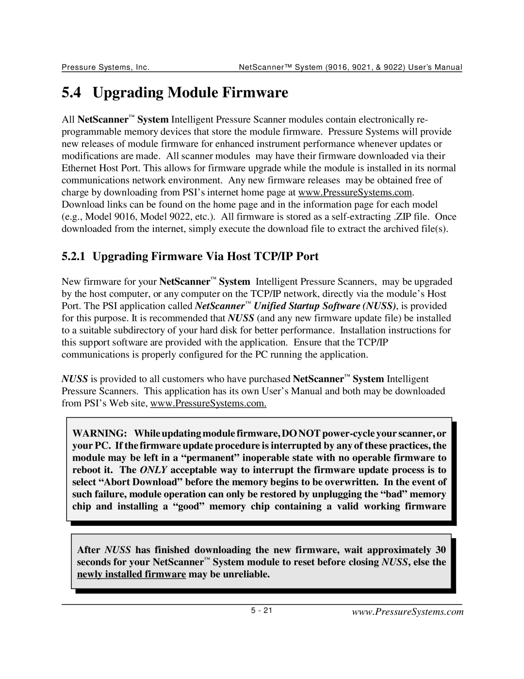 Pressure Systems 9022 user manual Upgrading Module Firmware, Upgrading Firmware Via Host TCP/IP Port 