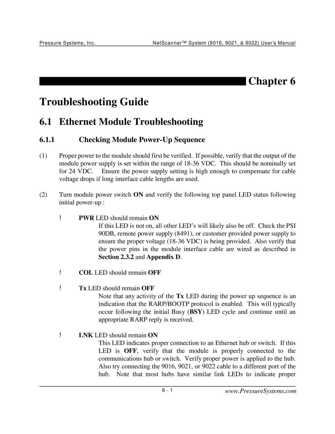 Pressure Systems 9022 Chapter Troubleshooting Guide, Ethernet Module Troubleshooting, Checking Module Power-Up Sequence 