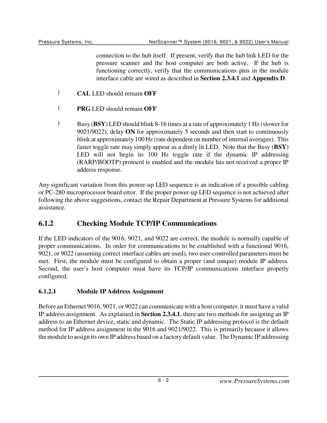 Pressure Systems 9022 user manual Checking Module TCP/IP Communications, Module IP Address Assignment 