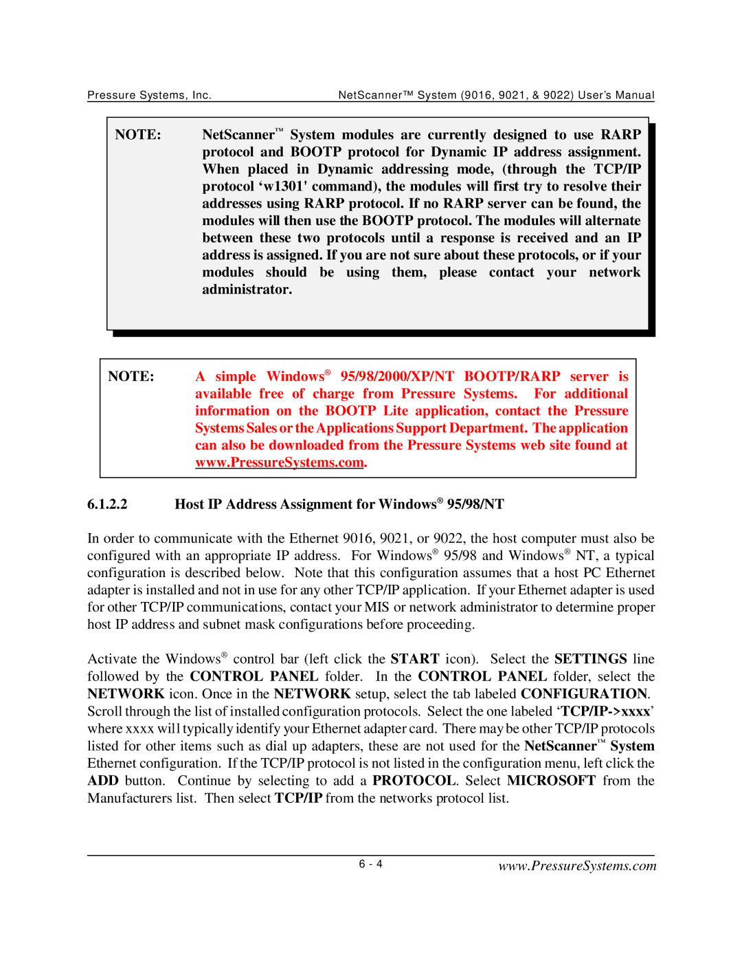 Pressure Systems 9022 user manual When placed in Dynamic addressing mode, through the TCP/IP 