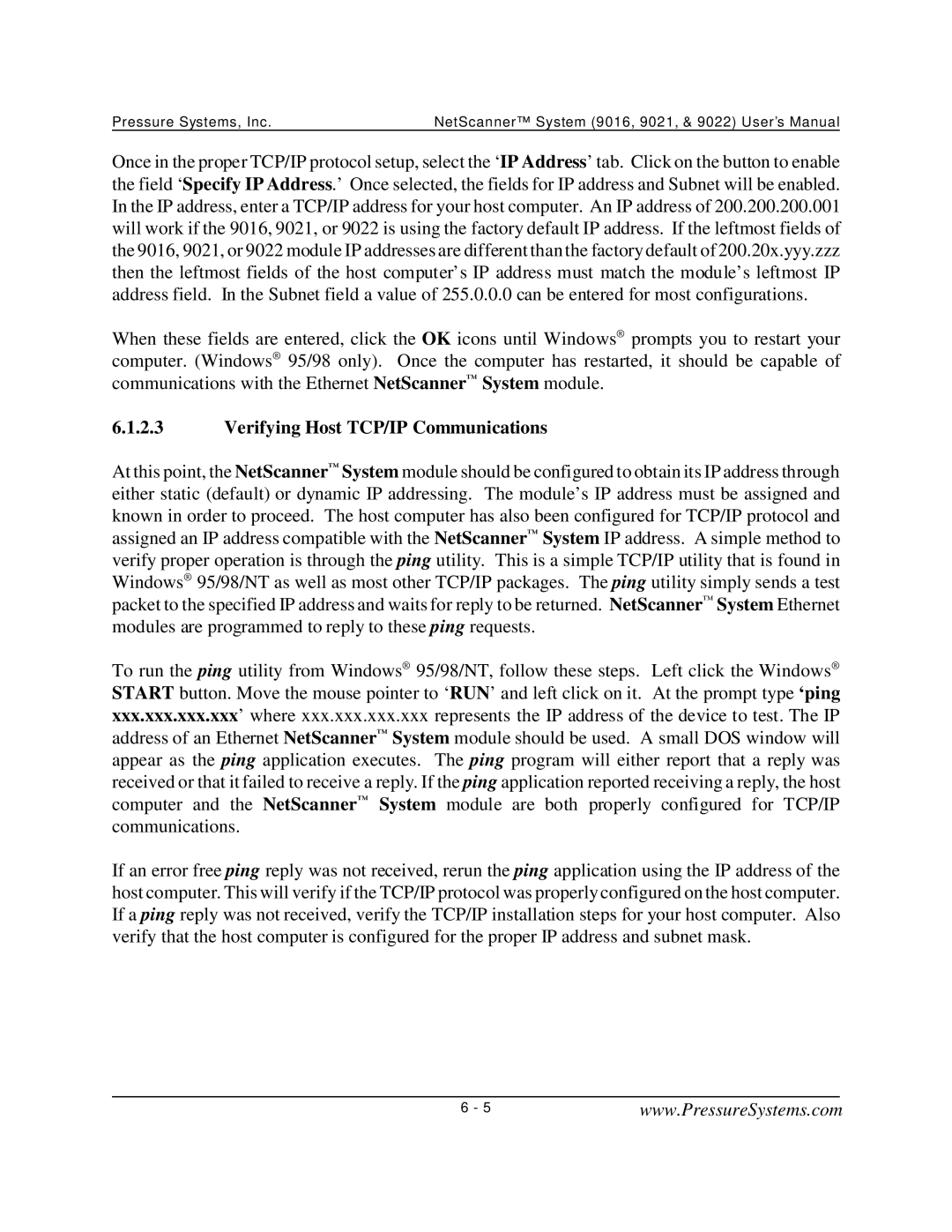 Pressure Systems 9022 user manual Verifying Host TCP/IP Communications 