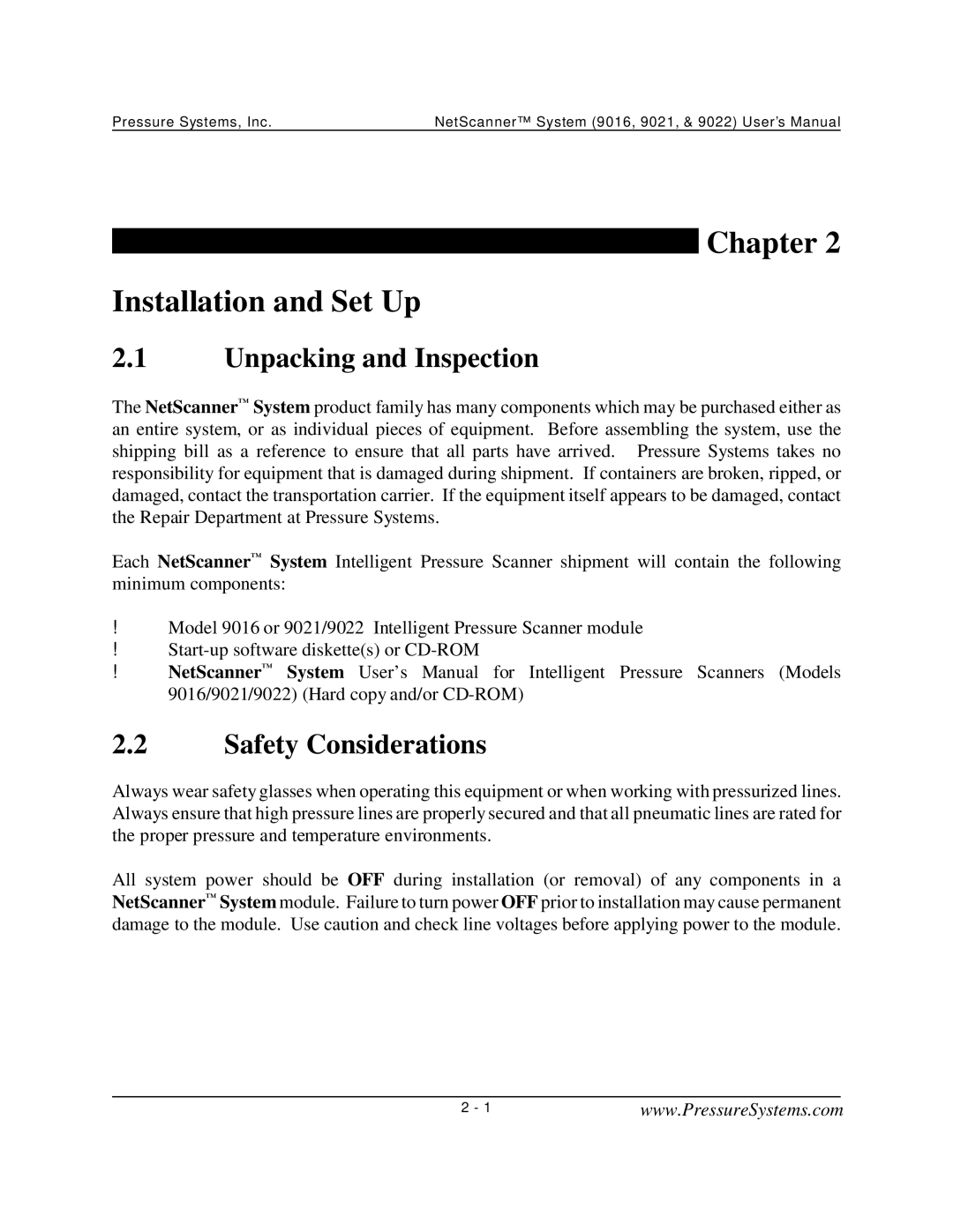 Pressure Systems 9022 user manual Chapter Installation and Set Up, Unpacking and Inspection, Safety Considerations 