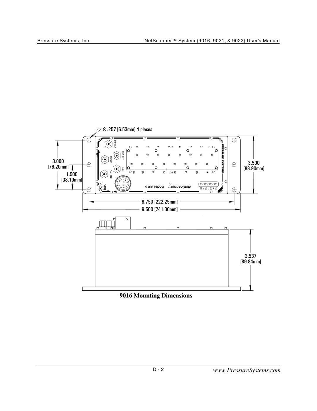 Pressure Systems 9022 user manual Mounting Dimensions 